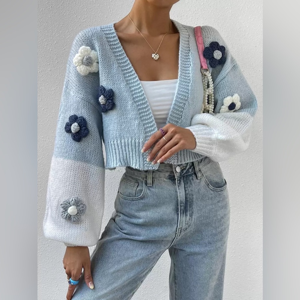 SHEIN Light Blue and White Floral Crochet Cardigan